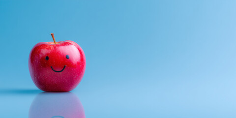 glossy red apple with a carved subtle smile face represents healthy joy and positive lifestyle nutrition against a solid pastel blue background.