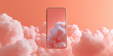 floating transparent smartphone with liquid clouds inside the screen represents digital wellness and future tech storytelling against a solid coral background.