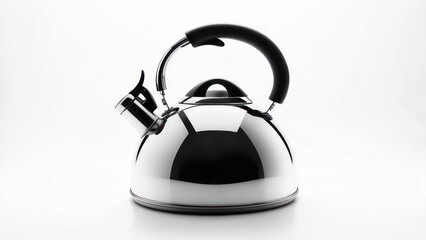 Fototapeta premium Shiny stainless steel stovetop tea kettle isolated on a white background.