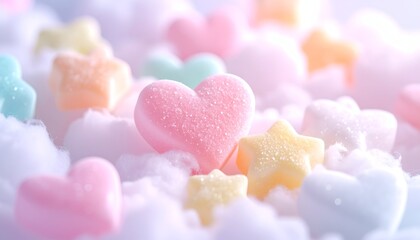 Pastel heart and star candies nestled in fluffy white cotton, soft and dreamy