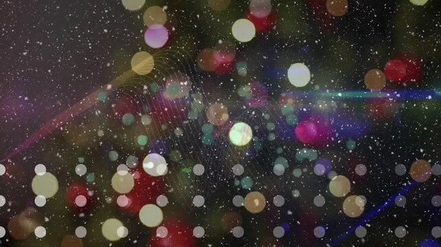 A digital illustration of moving neon parallel lines and bokeh light effects