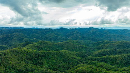 Fototapeta premium Breathtaking aerial view of lush green tropical mountains under a clear blue sky with white clouds, scenic nature landscape and eco-tourism adventure concept from drone.concept nature