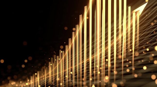 Golden upward trending bar graph with bokeh effect and arrows indicating growth