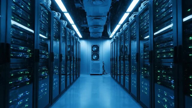 Rows of tall server racks line a long, dimly lit data center corridor with overhead fluorescent lighting illuminating the blue-toned environment from a low-angle viewpoint