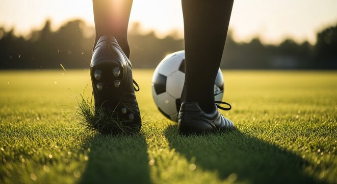 Soccer player in cleats on grass field with ball at sunset