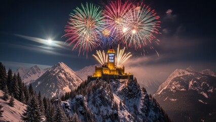 Snowy mountain landscape with hilltop castle under colorful fireworks at night.