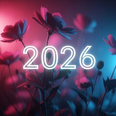 Vivid neon-lit flowers bathed in a dreamy glow with bold 2026 typography in an atmospheric night scene.