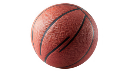 A close-up view of a basketball against a black background