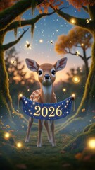 Whimsical deer fawn in a glowing forest celebrating the year 2026 with magical lights.