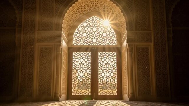 An intricately designed arched doorway with ornate latticework and sunlight streaming through, capturing the essence of architectural beauty and cultural heritage in a still image