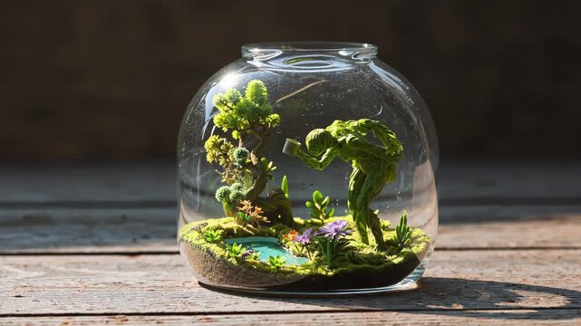 moss gardener tending miniature terrarium jar with tiny pond, pebbles and handcrafted moss topiary figure leaning over water; warm sunlight on wooden table, shallow depth of field, peaceful miniature
