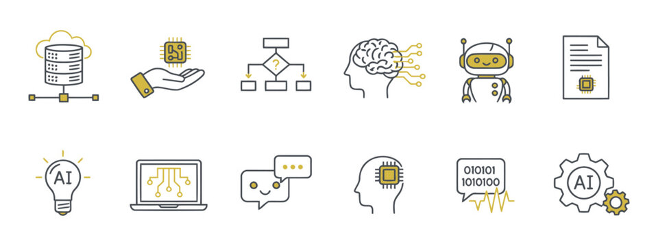 AI power with hands holding tech chipset in vibrant colors,Ai powered icon set flat style collection on transparent background