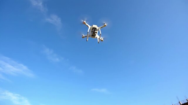 asian man launches drone at construction site wearing high visibility vest and helmet holding remote controller for aerial inspection camera scanning building facades clear blue sky professional