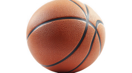 A close-up view of a basketball against a black background