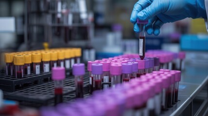 Scientist in laboratory handling blood samples in test tubes for medical analysis and research