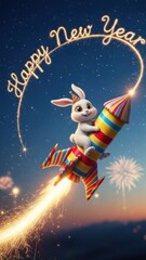 Colorful New Year celebration with a cheerful bunny riding a rocket across a sparkling night sky.