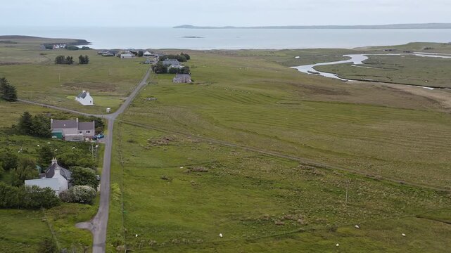 Drone shot of the village of Gress in Back on the Isle of Lewis.