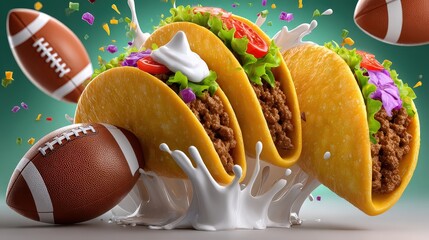 Three Crunchy Beef Tacos with Footballs and Creamy Splash