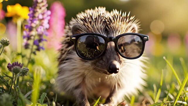 A stylish hedgehog in sunglasses amid vibrant flowers