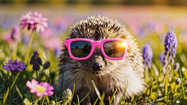 A hedgehog in pink sunglasses surrounded by flowers
