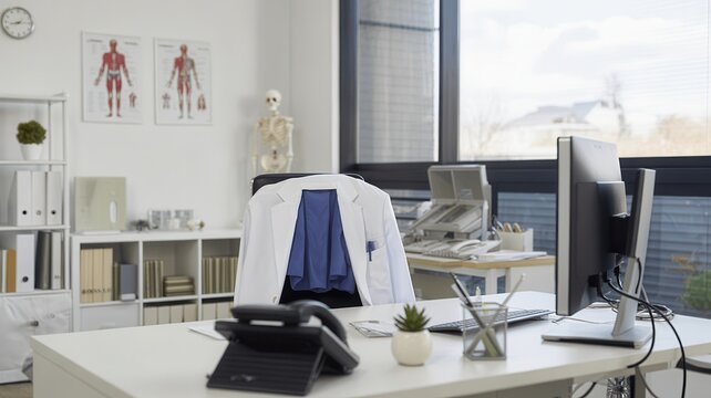 Modern doctors office interior with white lab coat hanging on chair and medical charts on wall