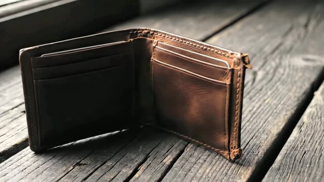 A video shows an open brown leather wallet on a wooden table with natural light. video clip