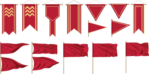 Red medieval banners and flags illustration set, royal hanging pennants and waving standards, heraldic decoration elements, fantasy vector collection © Md