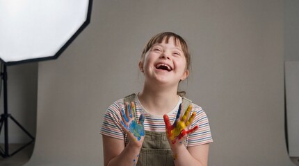 laughing caucasian girl with down syndrome showing colorful painted hands. happy child enjoying art lesson in studio. creativity and inclusion concept. banner, website header with copyspace.