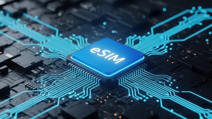 eSIM Embedded SIM Card Microchip on a High-Tech Circuit Board with Glowing Blue Connections