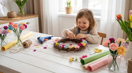 caucasian girl making easter wreath with paper flowers at home. spring holiday diy craft. kid using glue gun on white table. banner, greeting card with copyspace.