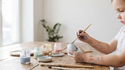 caucasian child girl painting easter egg with brush at wooden table. messy hands covered in paint. spring holiday preparation. diy craft, greeting card, banner with copyspace.