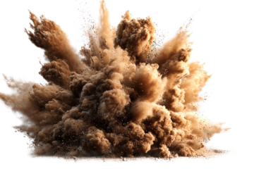 A brown dust explosion isolated on transparent background with a dynamic and chaotic cloud of particles transparent background
