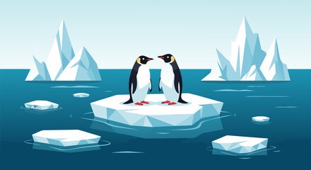 Charming vector illustration of two penguins standing on an ice floe surrounded by icebergs in the Arctic © PDWN Creative