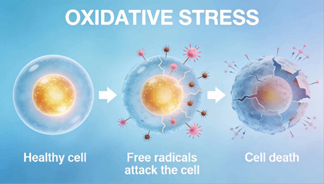 A vector scientific illustration depicting the three stages of oxidative stress leading to cell death, set against a soft light blue gradient background.