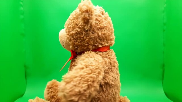 Cuddly Teddy Bear with Red Ribbon on Green Background.