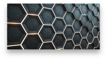 A striking abstract background showcases a complex network of dark gray hexagonal cells illuminated by glowing orange and white lines creating a futuristic design