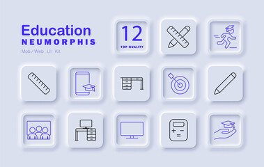 Education set icon. Pencil, board, desk, target, student, screen, ruler, calculator, hand, smartphone learning tools and studying environment.