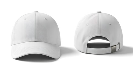 Front and back view of a blank white baseball cap on a white background, perfect for mockup designs.