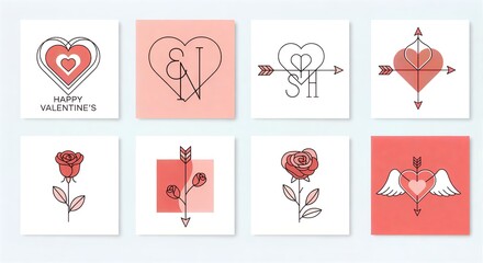 Set of modern Valentine's Day icons featuring hearts, roses, and arrows