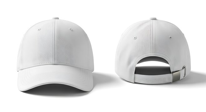 Front and back view of a blank white baseball cap on a white background, perfect for mockup designs.