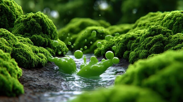 Green Slime Splashing in Lush Mossy Forest Stream