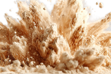 A brown powder explosion with particles flying outwards in all directions rapidly transparent background