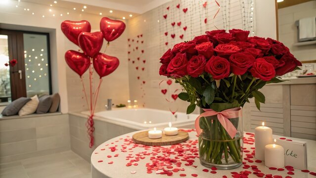 Romantic bathroom setup with red roses, heart balloons, candles, and petals, Valentine&rsquo;s Day surprise decor, luxury love celebration, anniversary or proposal scene, intimate romantic atmosphere