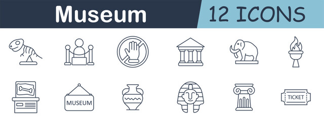 Museum set icon. Dinosaur skeleton, rope barrier, hand sign, building, mammoth, torch, exhibit sign, pottery, sphinx, column, and entry ticket in cultural outline style. © Кирилл Макаров