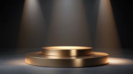  shiny golden round podium stage cosmetic product display mock up in dark background scene with three spotlight on stage