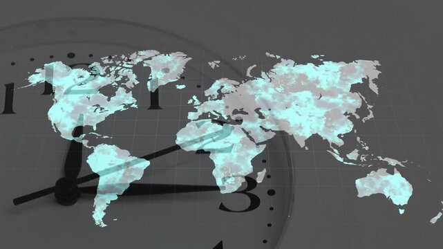 Cyan dots flickering across world map on clock face initiating map glow to visualize data spread