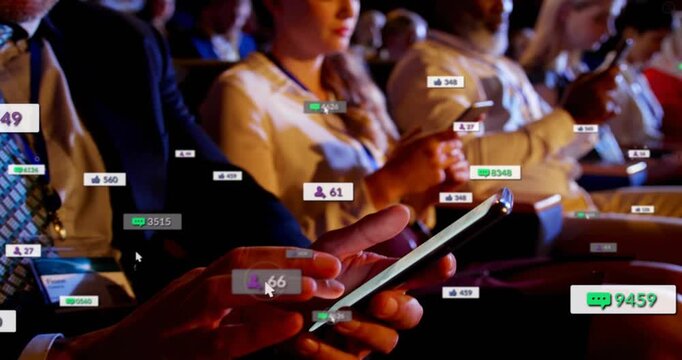 Man tapping smartphone, causing floating engagement icons rising around devices at business event