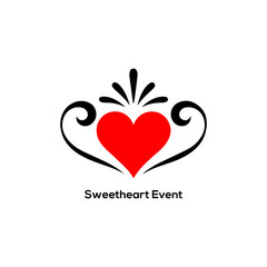 Minimalist red heart logo with elegant black flourishes for a sweetheart event branding romantic wedding party and decorative design.
