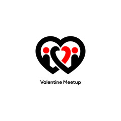 Minimalist black heart logo with two people and red center symbol for Valentine Day meetup social networking creative branding.
