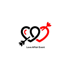 Minimalist black and red interconnected heart logo with a cupid arrow for love affair event planning and romantic branding.
